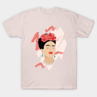 Frida Kahlo modern portrait famous mexican painter red roses headpiece decoration T-Shirt